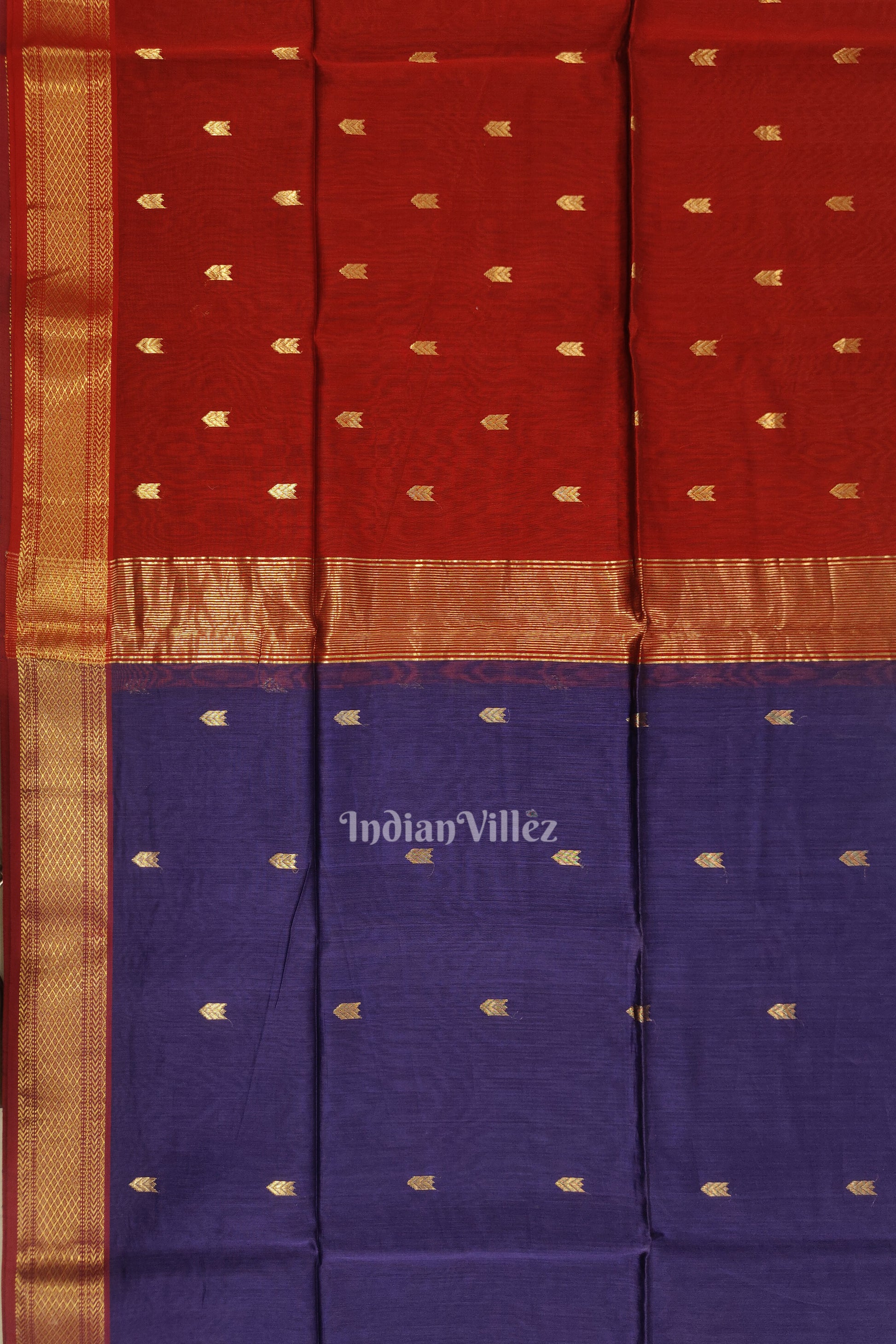 Blue Red Butta Design Maheshwari Handloom Cotton*Silk Saree