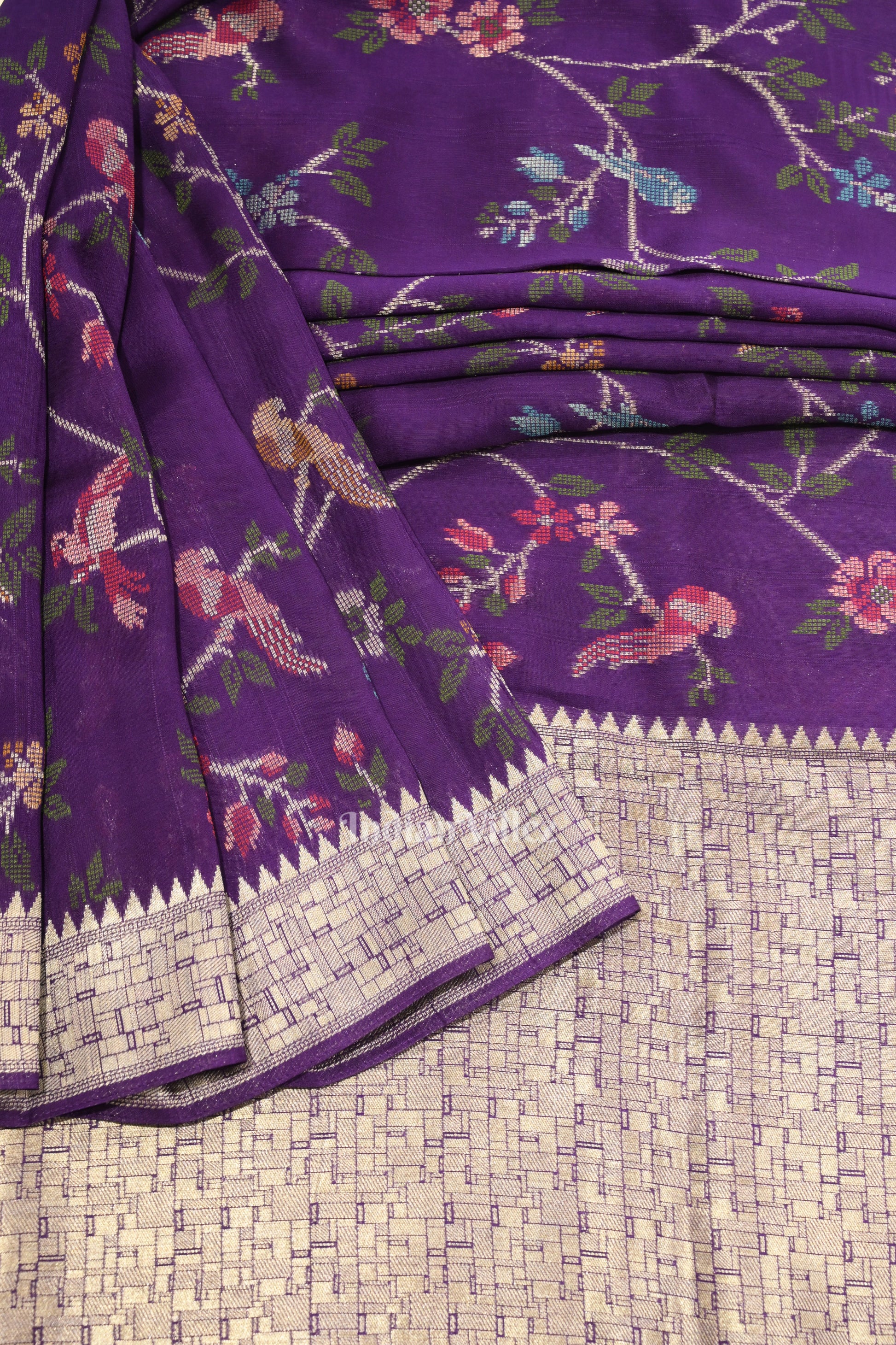 Violet Tussar with Silver Border Banarasi Silk Saree with Tassels