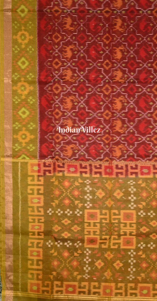 Maroon Olive Green Red Pochampally Ikat (Sico) Saree