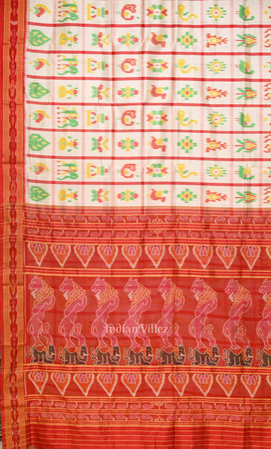 White Red Nabakothi Odisha Ikat Khandua Silk Saree 