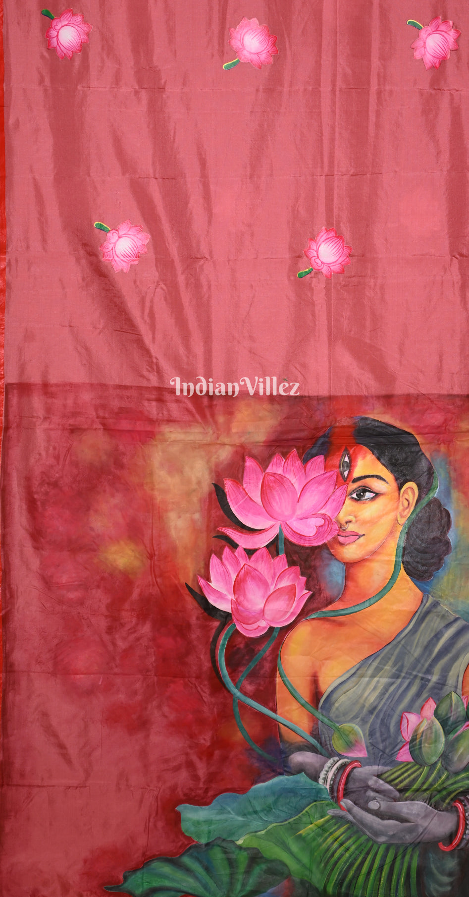 Peach Women with Lotus Motif Hand-Painted Pattachitra Saree 