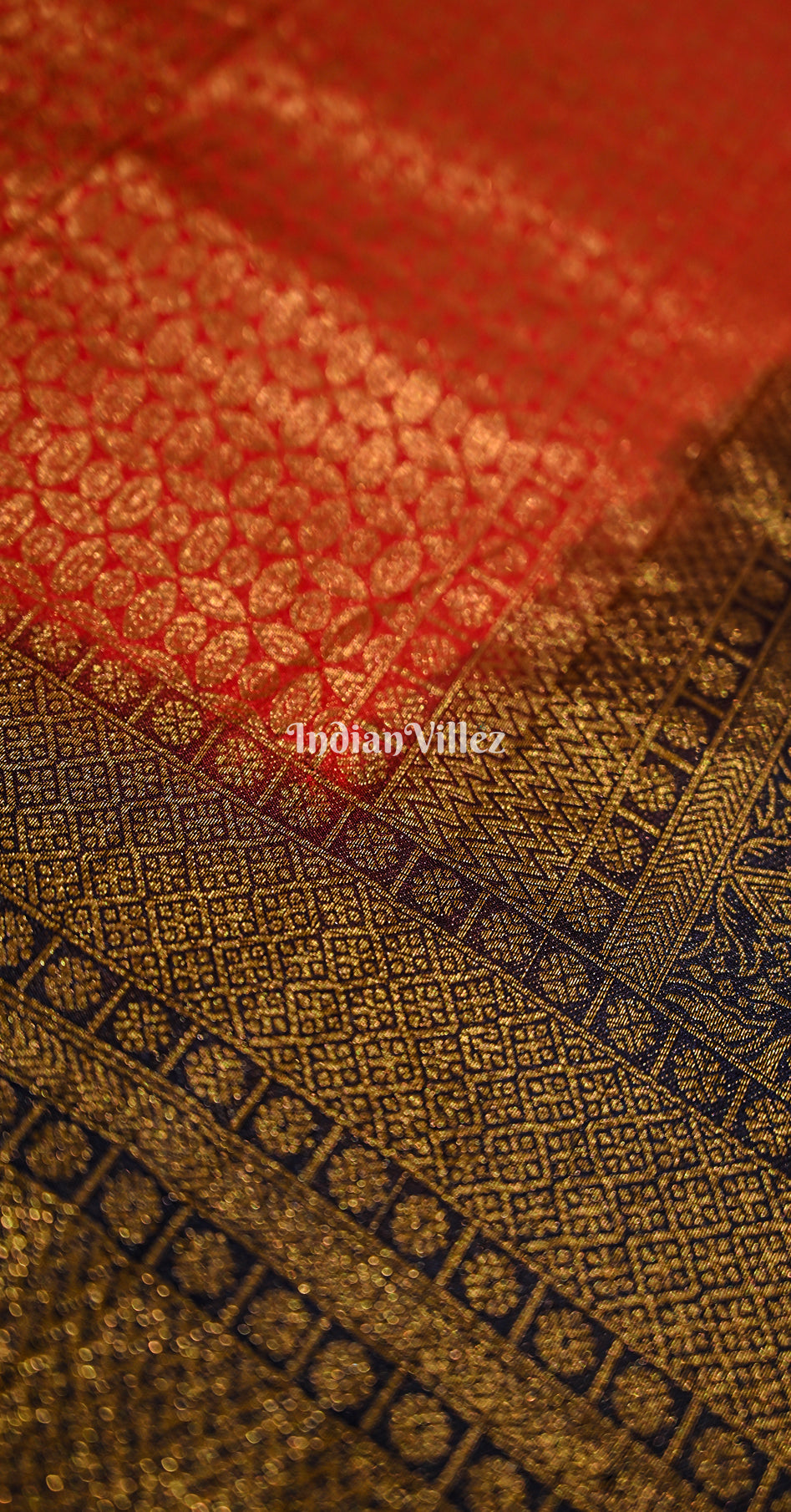 Reddish Orange Blue Kanjivaram Silk Saree