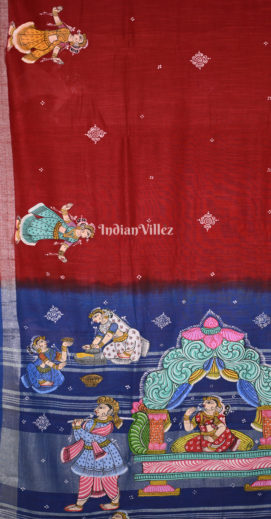 Red Blue Doli Barat Hand-Painted Pattachitra Saree (Linen) 