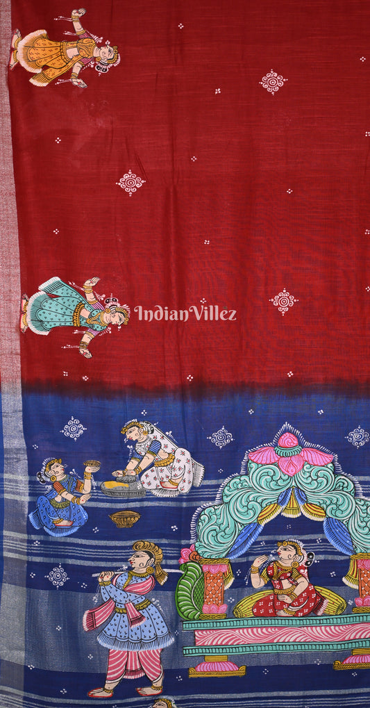 Red Blue Doli Barat Hand-Painted Pattachitra Saree (Linen) 