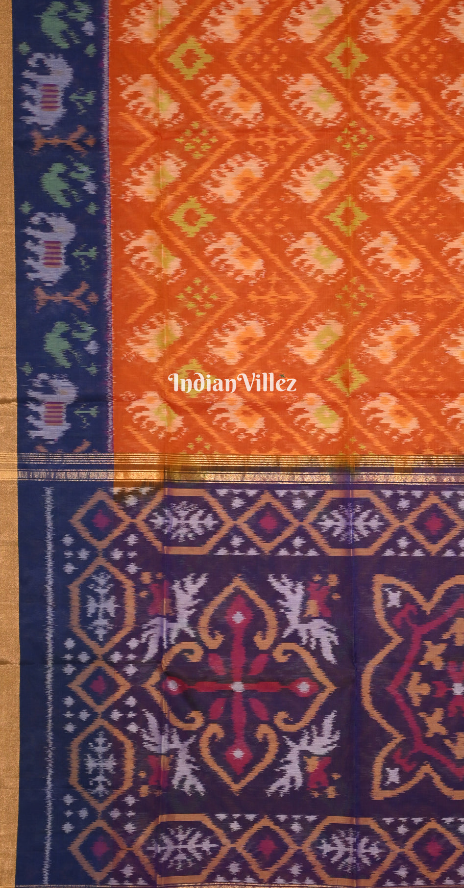 Rust Orange Blue Pochampally Ikat Silk Cotton (Sico) Saree