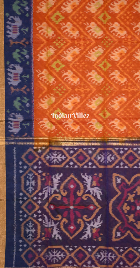 Rust Orange Blue Pochampally Ikat Silk Cotton (Sico) Saree