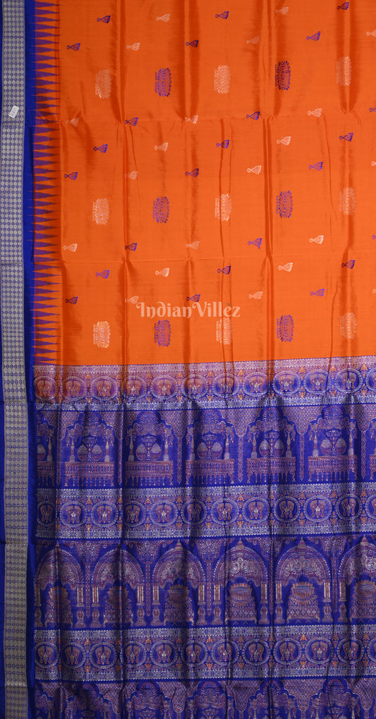 Orange Blue Laxmi Feet Odisha Ikat Bomkai Sambalpuri Silk Saree