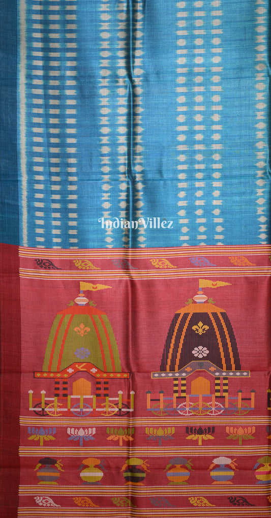Peacock Blue Red Gopalpur Tussar Silk Saree with Shree Jagannath Ratha Yatra Anchal