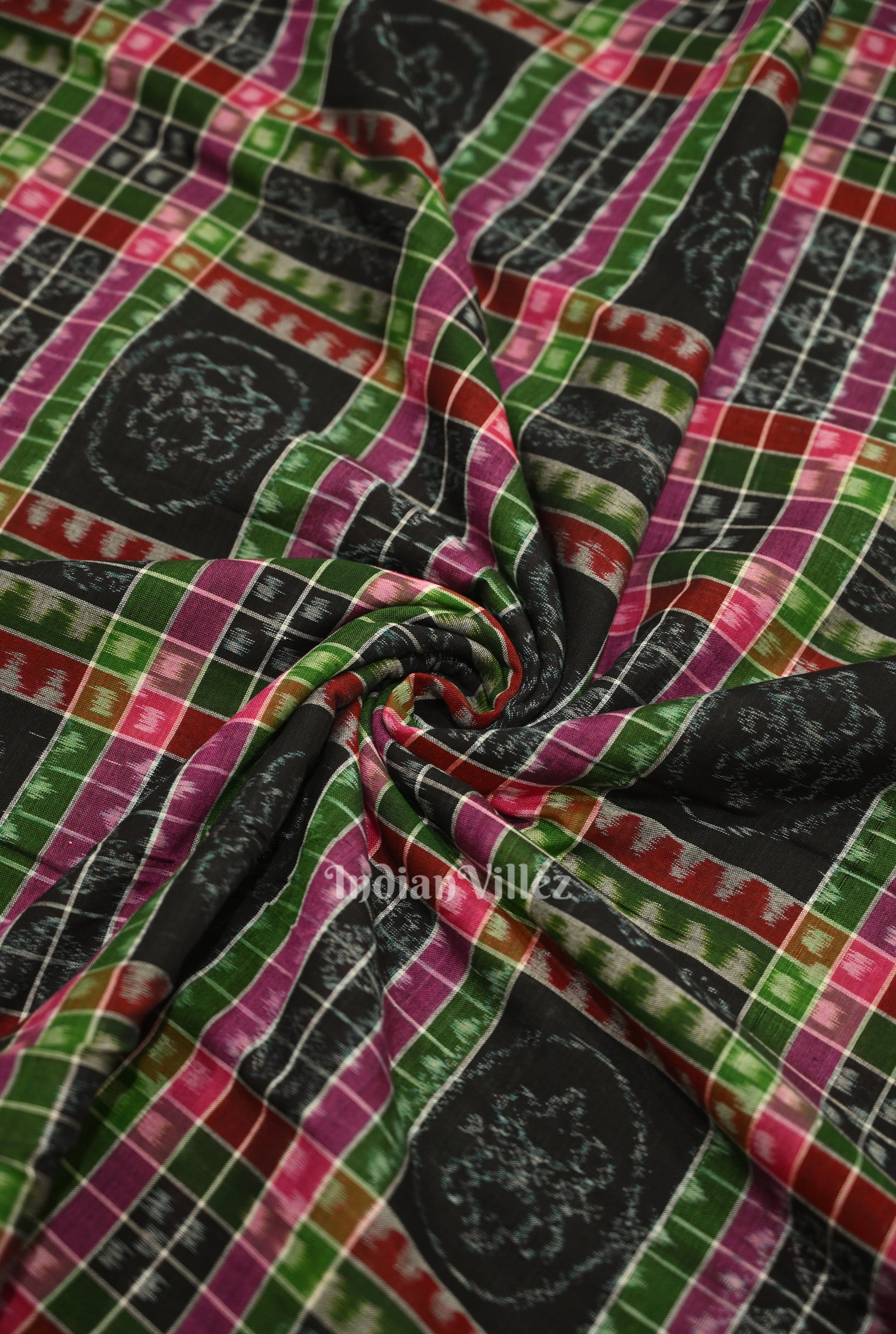 Black with Multi Color Utkalaxmi Sambalpuri Odisha Ikat Cotton Fabric 