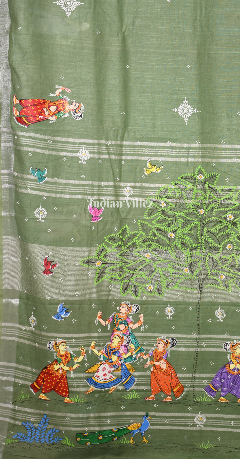 Sage Green Raja Doli Hand-Painted Pattachitra Saree 