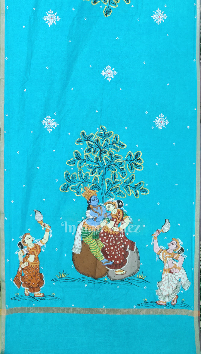 Aqua Blue Krishna Raasleela Pattachitra Chanderi Dupatta
