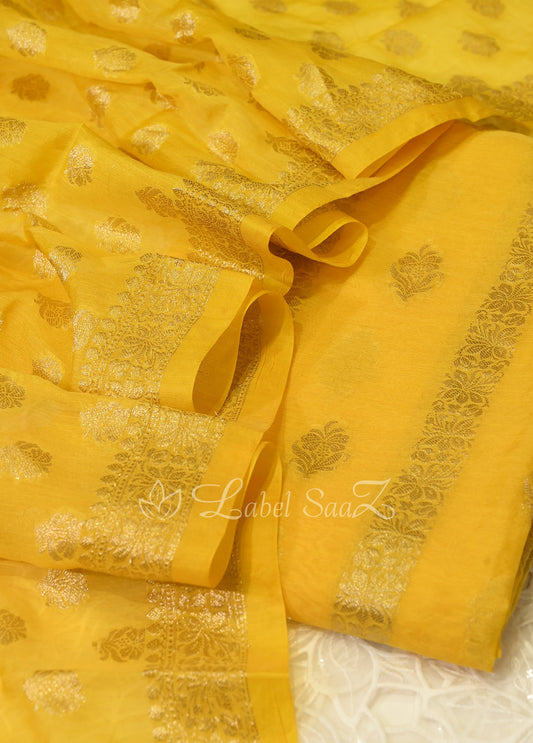 Yellow Zari work Banarasi Unstitched Salwar Suit