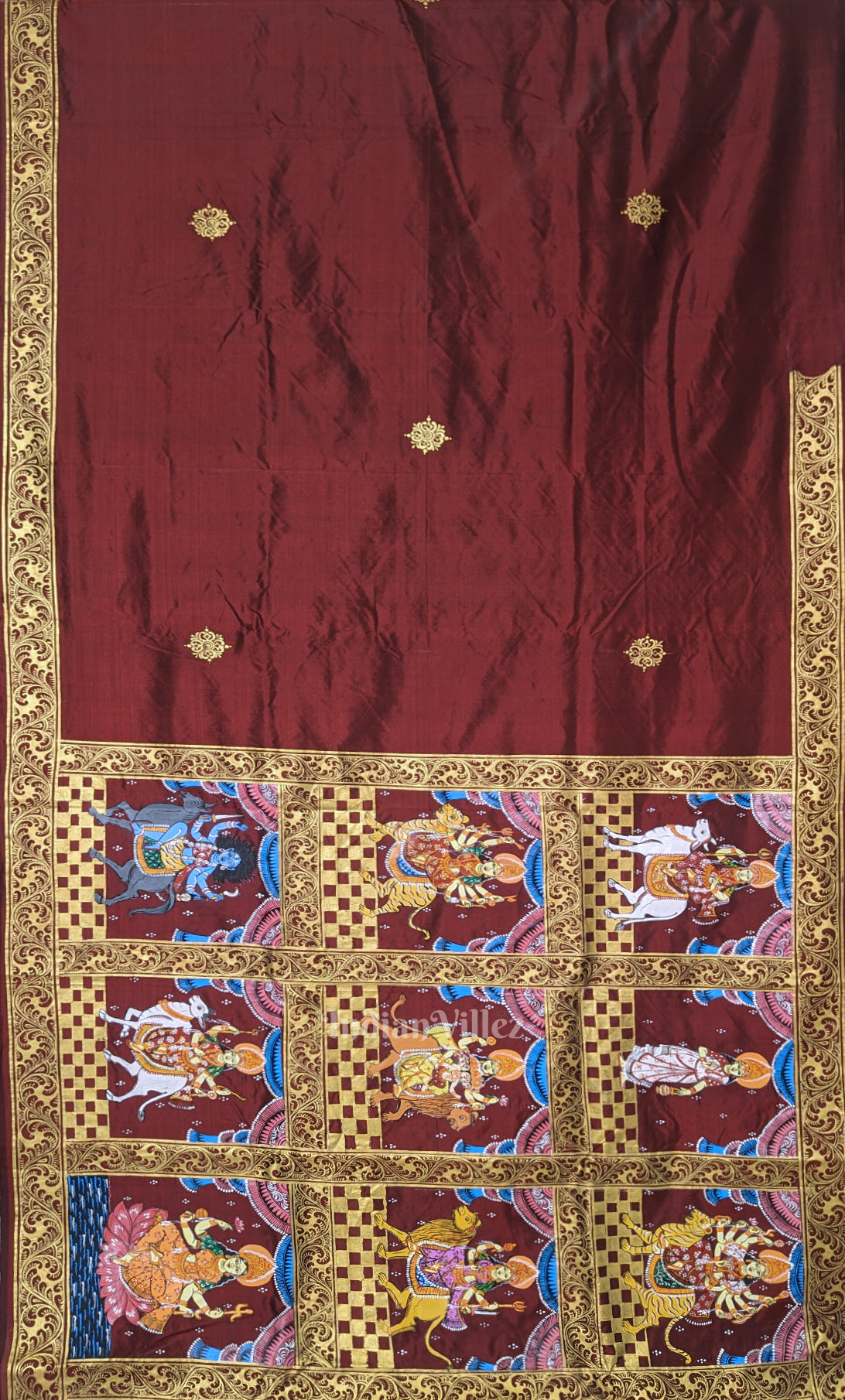 Maroon Navaratri Durga Puja Theme Hand-Painted Pattachitra Saree