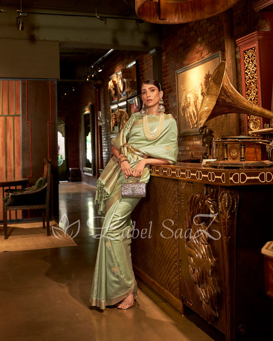 Pistachio Green Zari Base Designer Lotus Handloom Saree