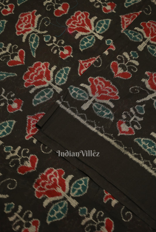 Black Rose Flower Motif Sambalpuri Ikat Cotton Fabric