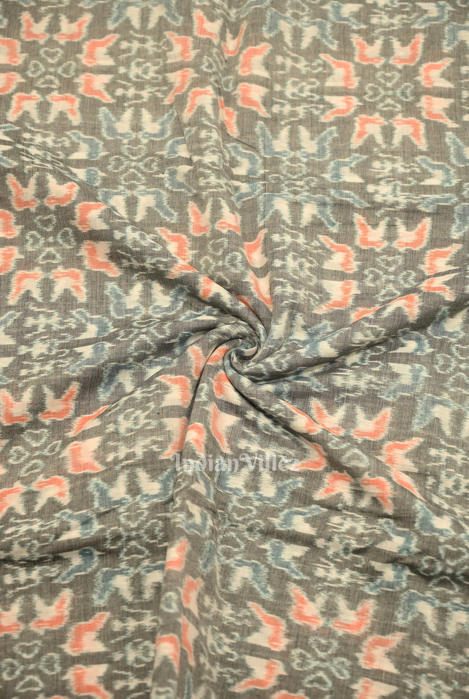 Cement Gray Tribal Theme Sambalpuri Ikat Cotton Fabric 