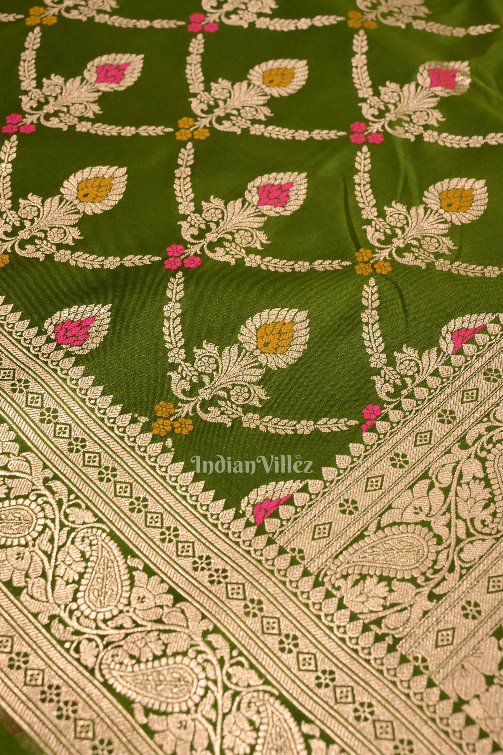 Mehendi Green Meenakari Pure Mashru Satin Silk Banarasi Saree 