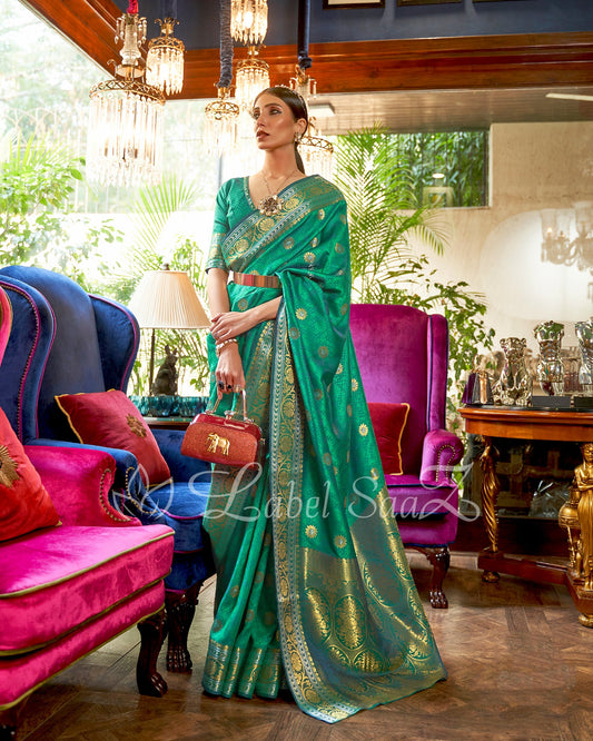 Rama Green Pure Handloom Katan Banarasi Saree