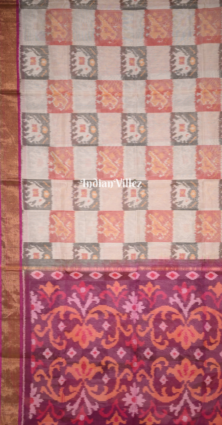 Off White Purple Pochampally Ikat (Sico) Saree