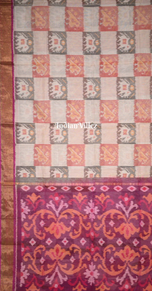 Off White Purple Pochampally Ikat (Sico) Saree