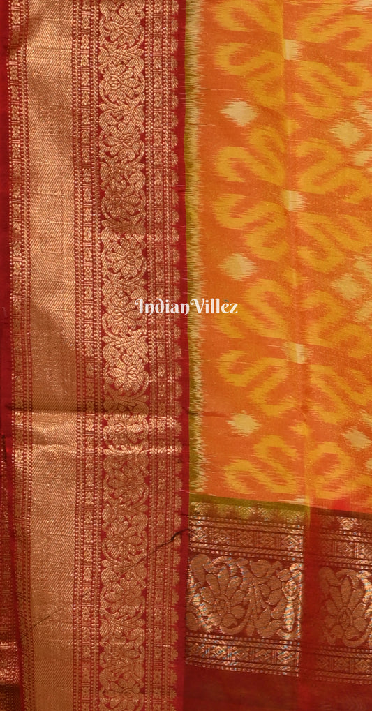 Mustard Yellow Maroon Pochampally Ikat Silk Cotton (Sico) Saree