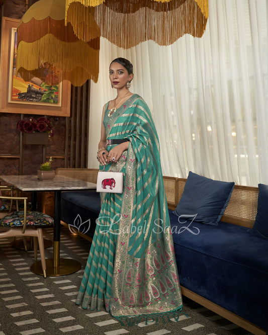Rama Green Two Tone Meenakari Weaving Organza Banarasi Saree