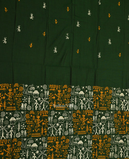 Dark Green Yellow Tribal Design  Sambalpuri Cotton Dress set with Dupatta