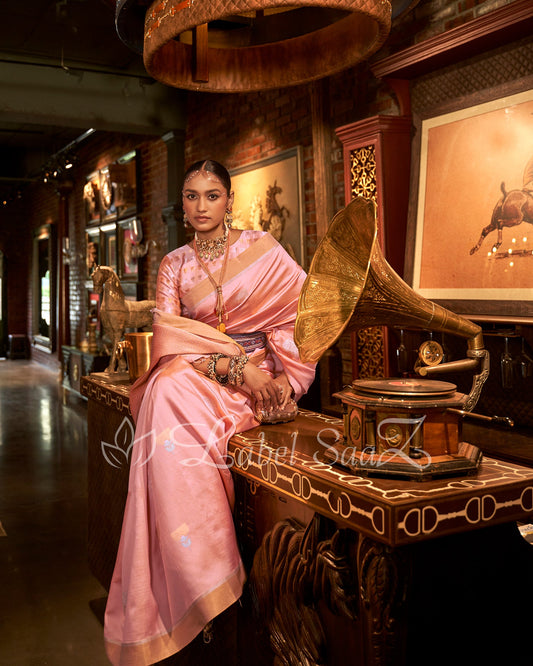 Rose Pink Zari Base Designer Lotus Handloom Saree