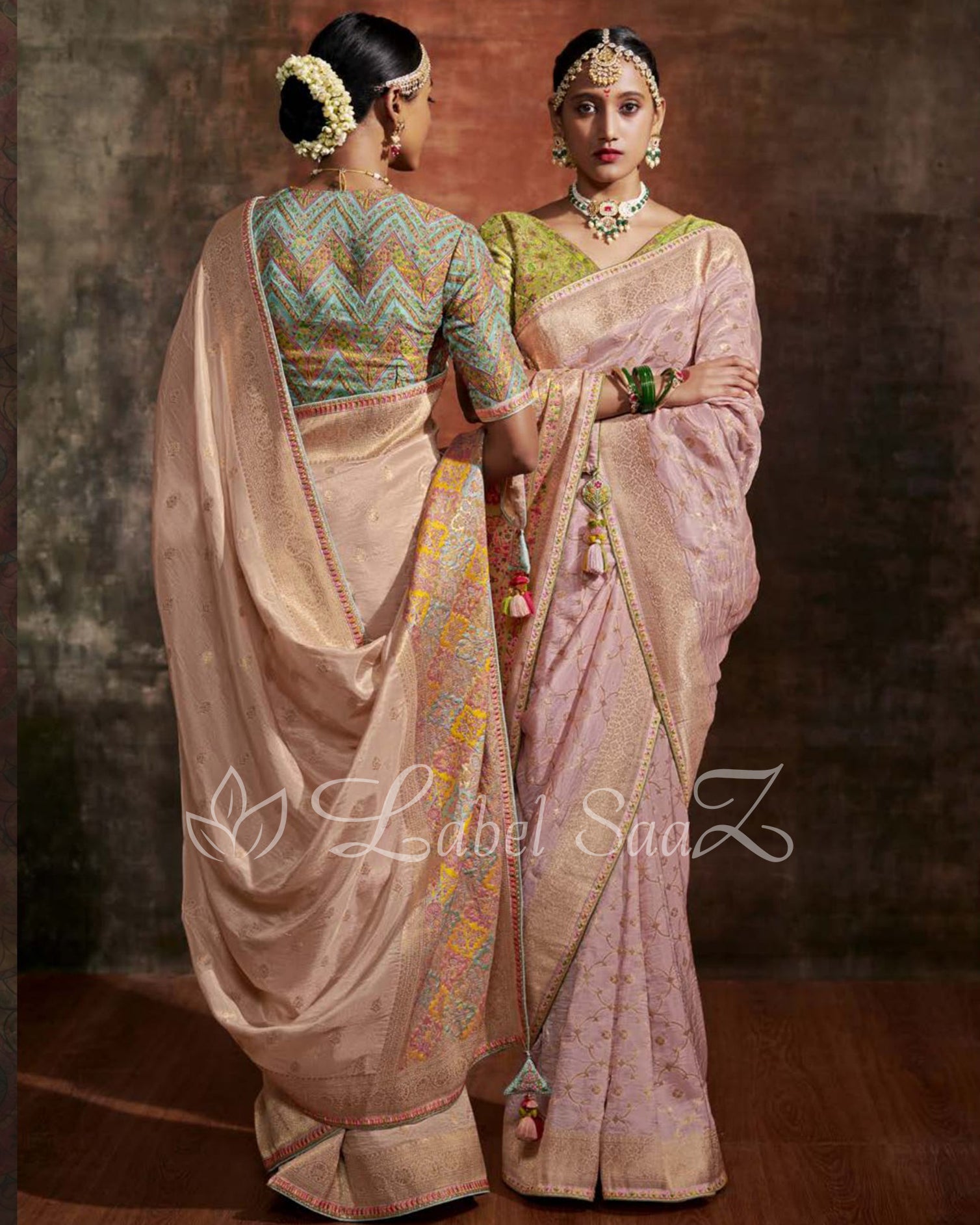 Peach Green Designer Meenakri Banarasi with Kashmiri Embroidery and Heavy Blouse