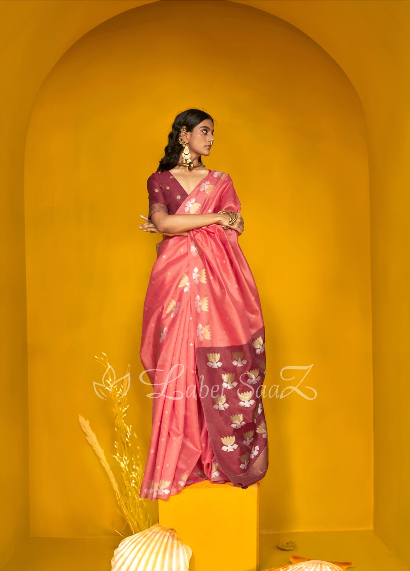Peach Lotus Handloom Weaving Silk Saree 