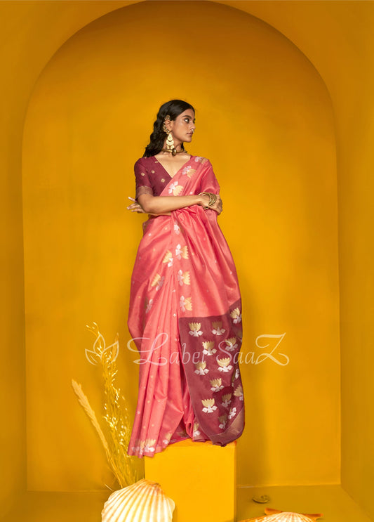 Peach Lotus Handloom Weaving Silk Saree 
