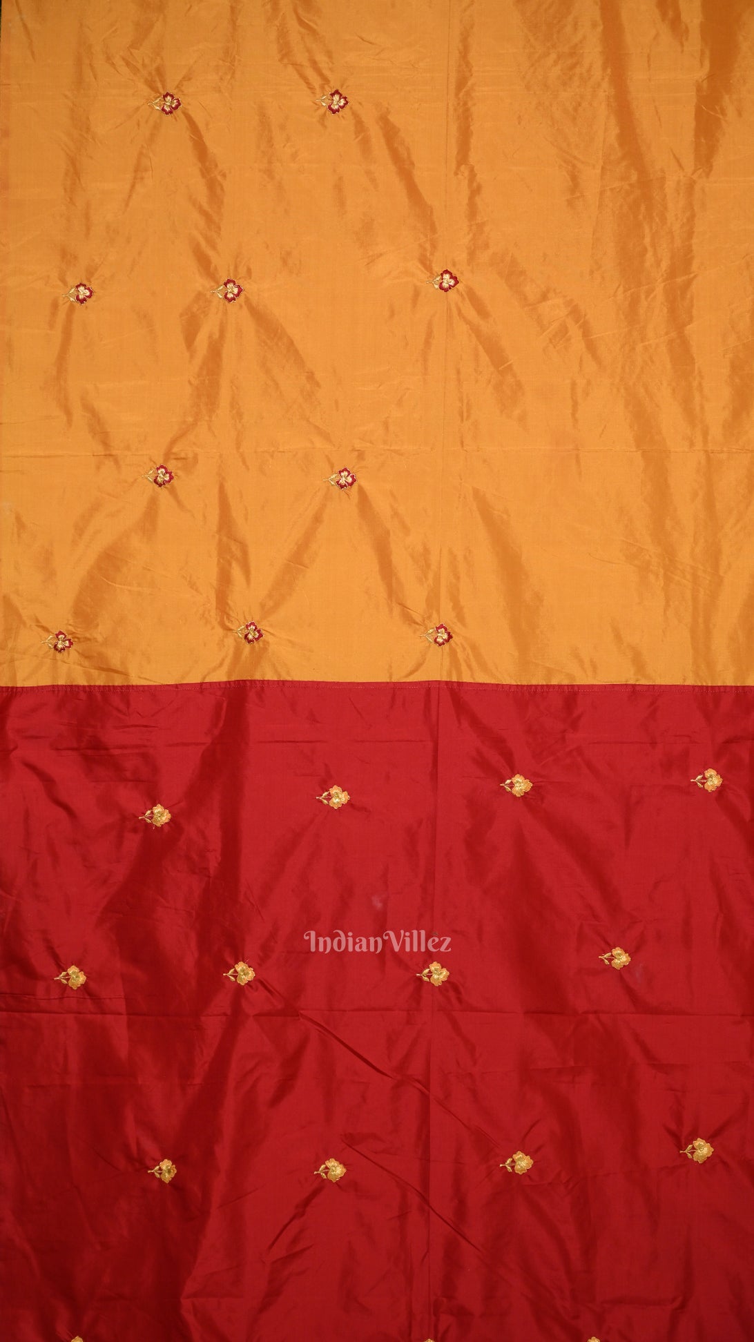 Yellow Red Floral Motif Pure Silk Embroidery Saree