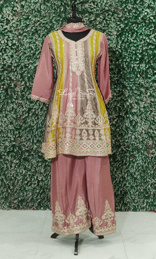 Beige Green Sequence Embroidered Kurta with Palazzo Set and Dupatta