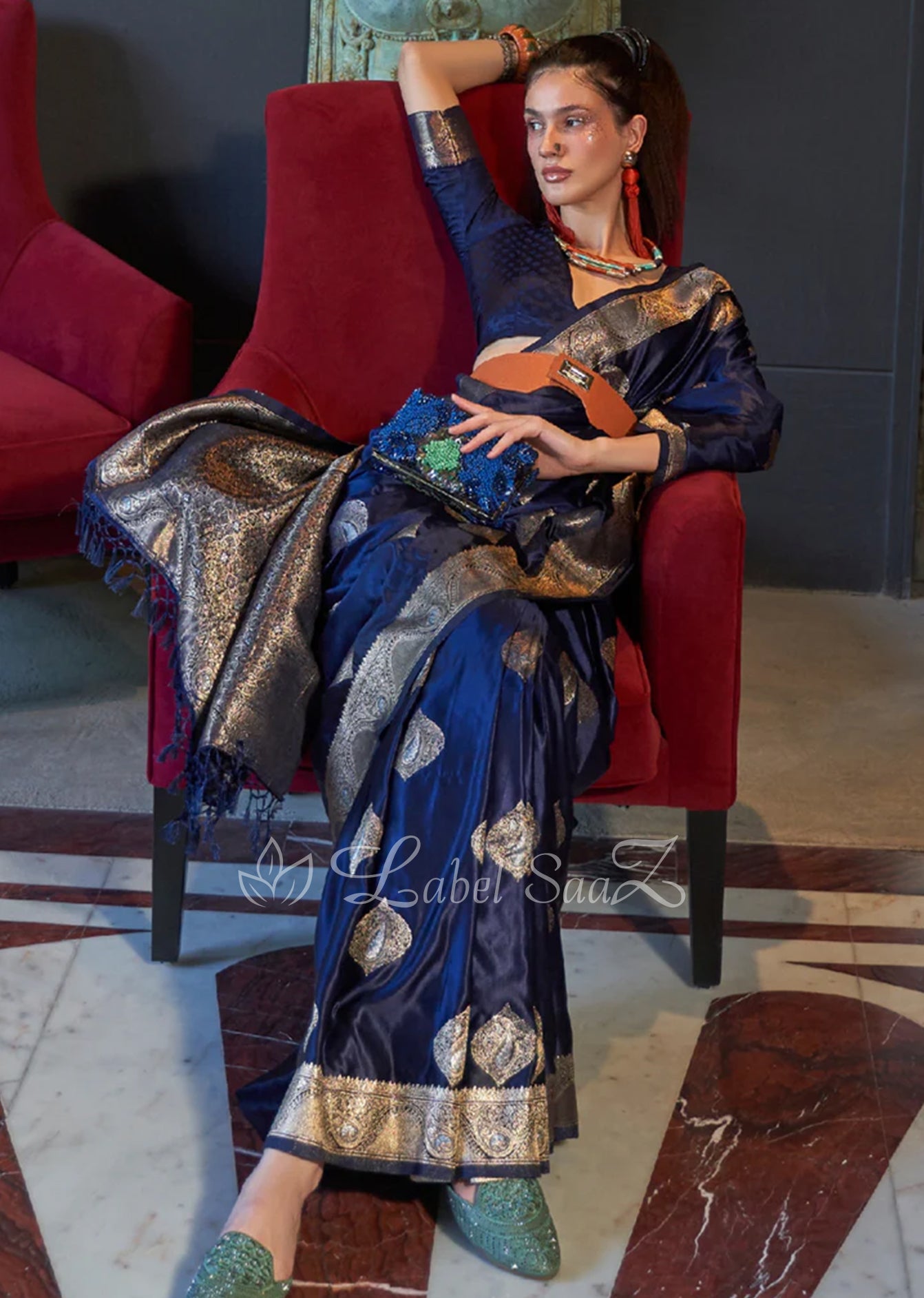 Navy Blue Nylon Pure Handwoven Satin Silk Banarasi Saree