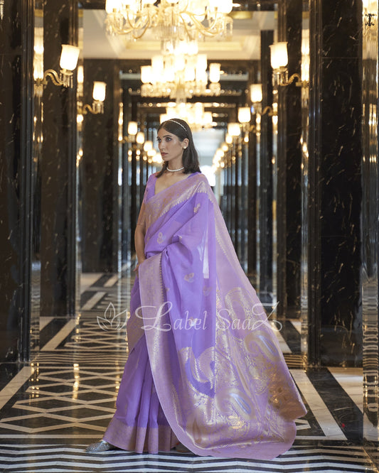 Lilac Purple Floral Handwoven Linen Saree