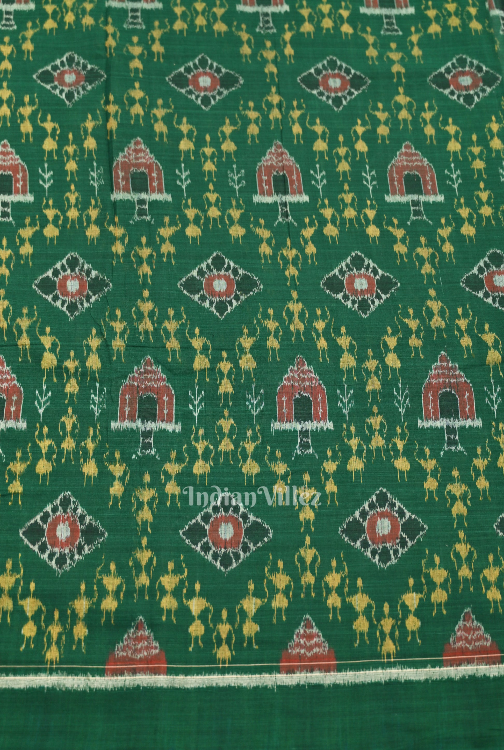 Dark Green Tribal Theme Sambalpuri Odisha Ikat Cotton Fabric