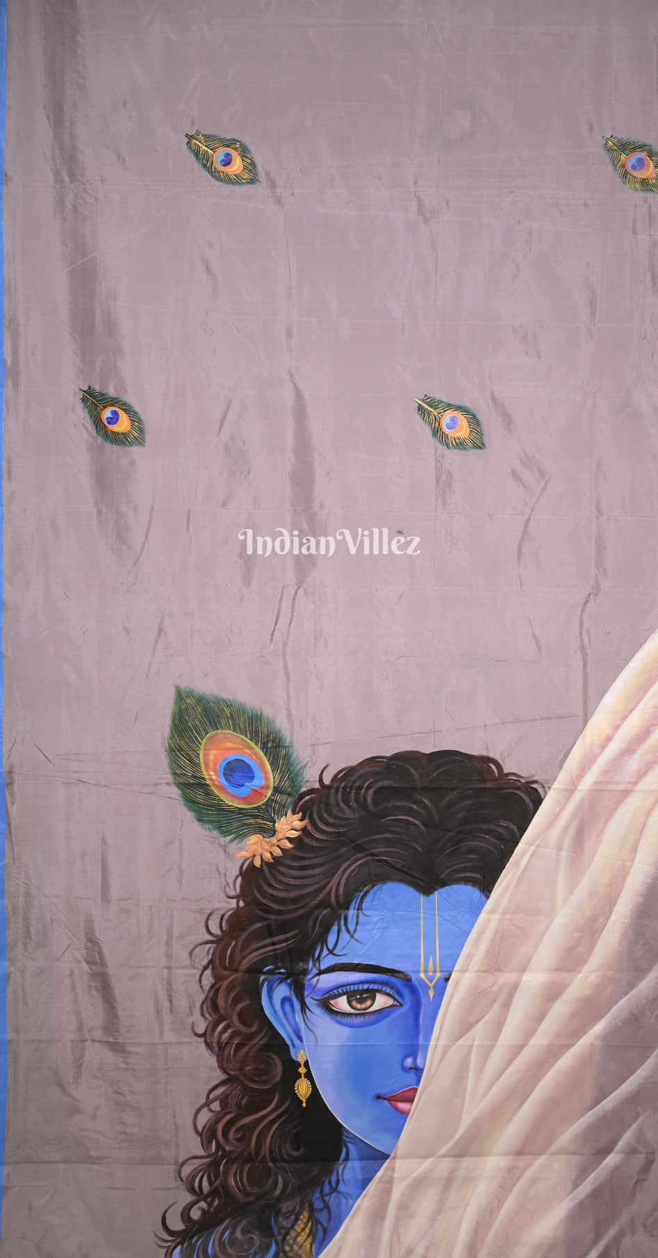 Lavender Lord Krishna with Peacock Feather Hand-Painted Pattachitra Saree 