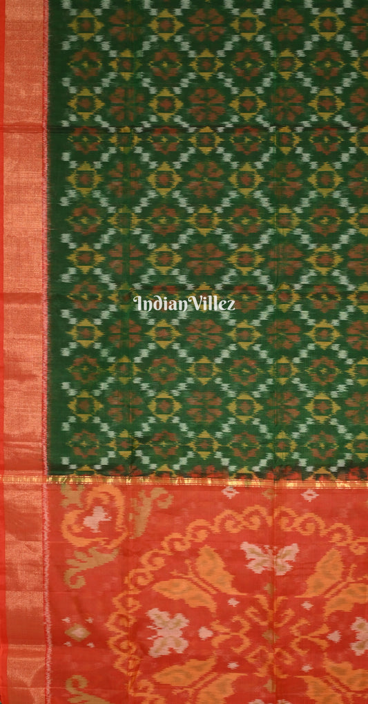 Bottle Green Red Pochampally Ikat Silk Cotton (Sico) Saree with Butterfly Pallu 