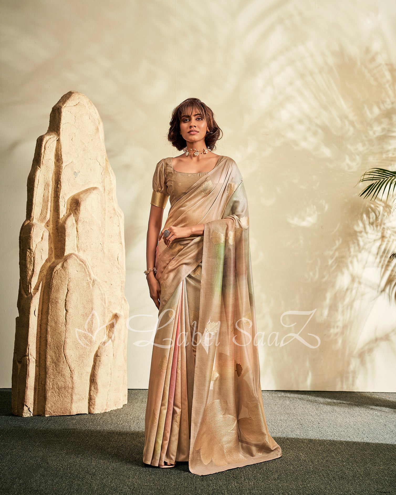 Golden Shaded Floral Linen Saree with Zari Work