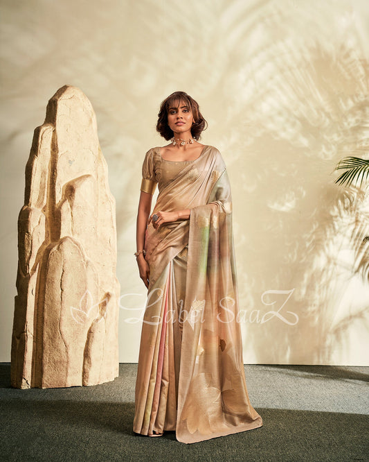 Golden Shaded Floral Linen Saree with Zari Work