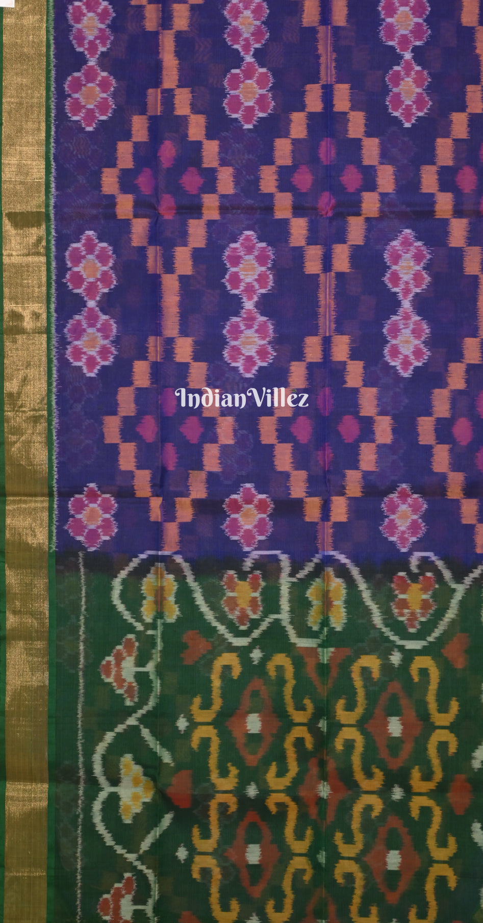 Purple Bottle Green Pochampally Ikat Silk Cotton (Sico) Saree 