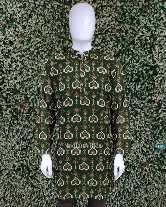 Green Pasapali Flower Odisha Ikat Cotton Kurta for Men 