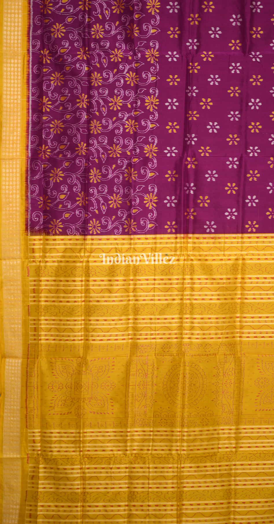 Purple Mustard Yellow Flower Motif Odisha Ikat Sambalpuri Silk Saree