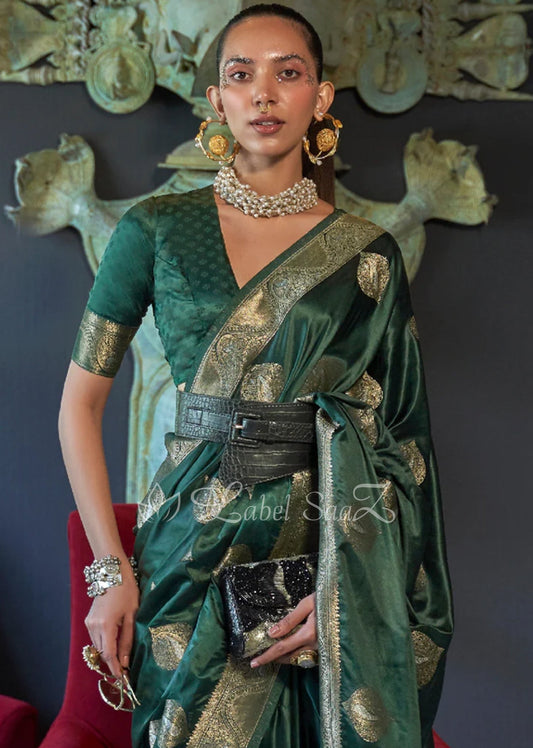 Green Nylon Pure Handwoven Satin Silk Banarasi Saree