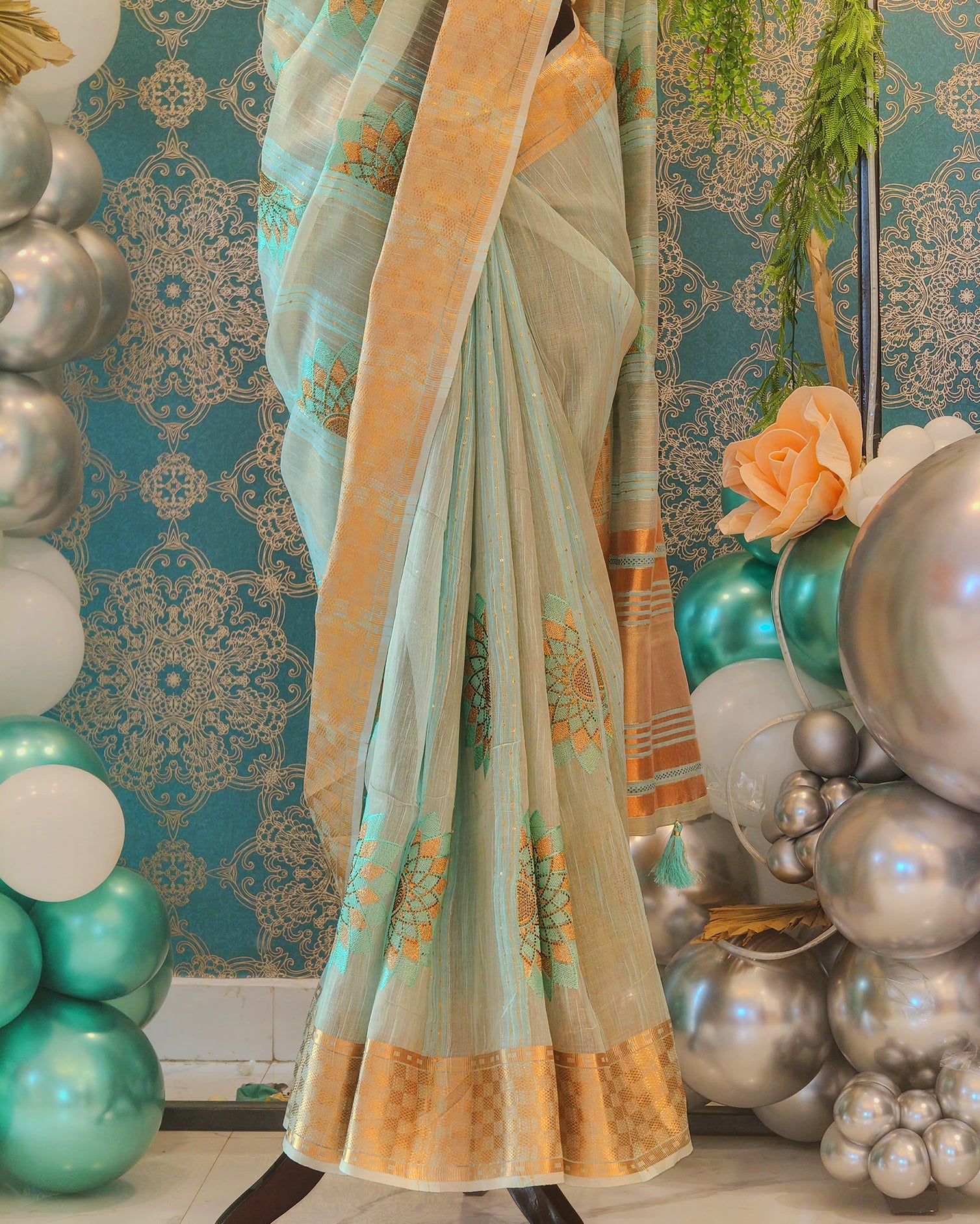 Sky Yellow Floral Linen Tissue Saree with Sequence Work 