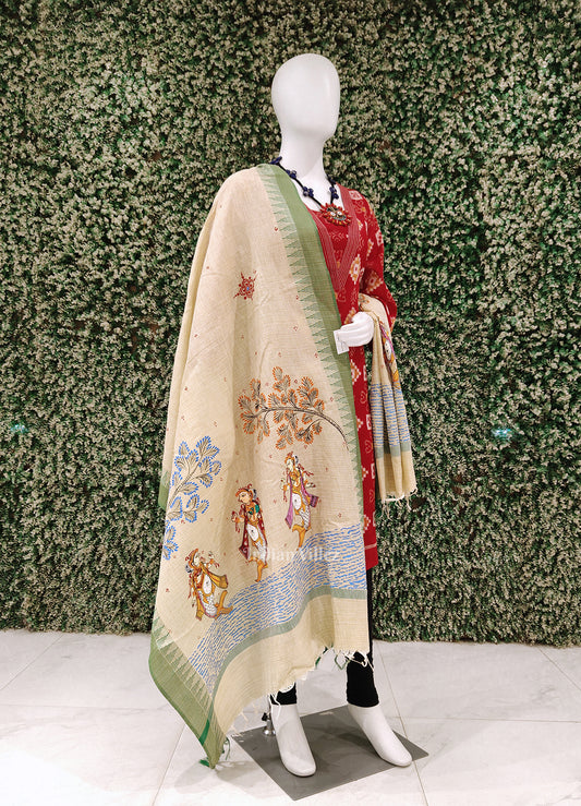Cream Green Mastya Kanya Hand-Painted Tussar Pattachitra Dupatta