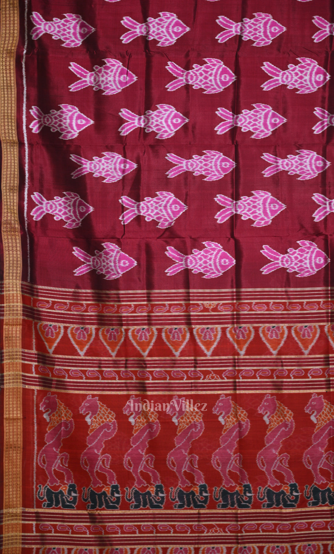 Maroon Red Fish Motif Odisha Ikat Sambalpuri Silk Saree