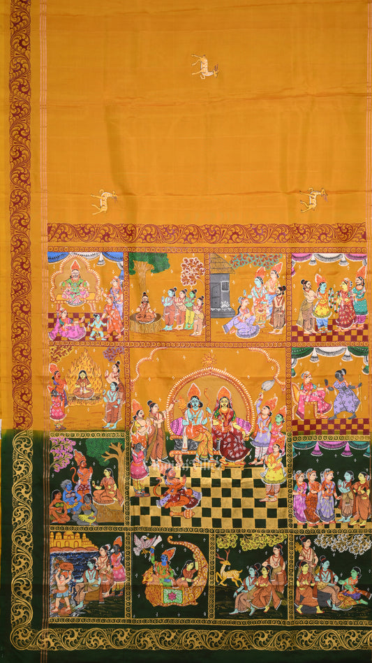 Yellow Green Ramayan Hand- Painted Pattachitra Saree 