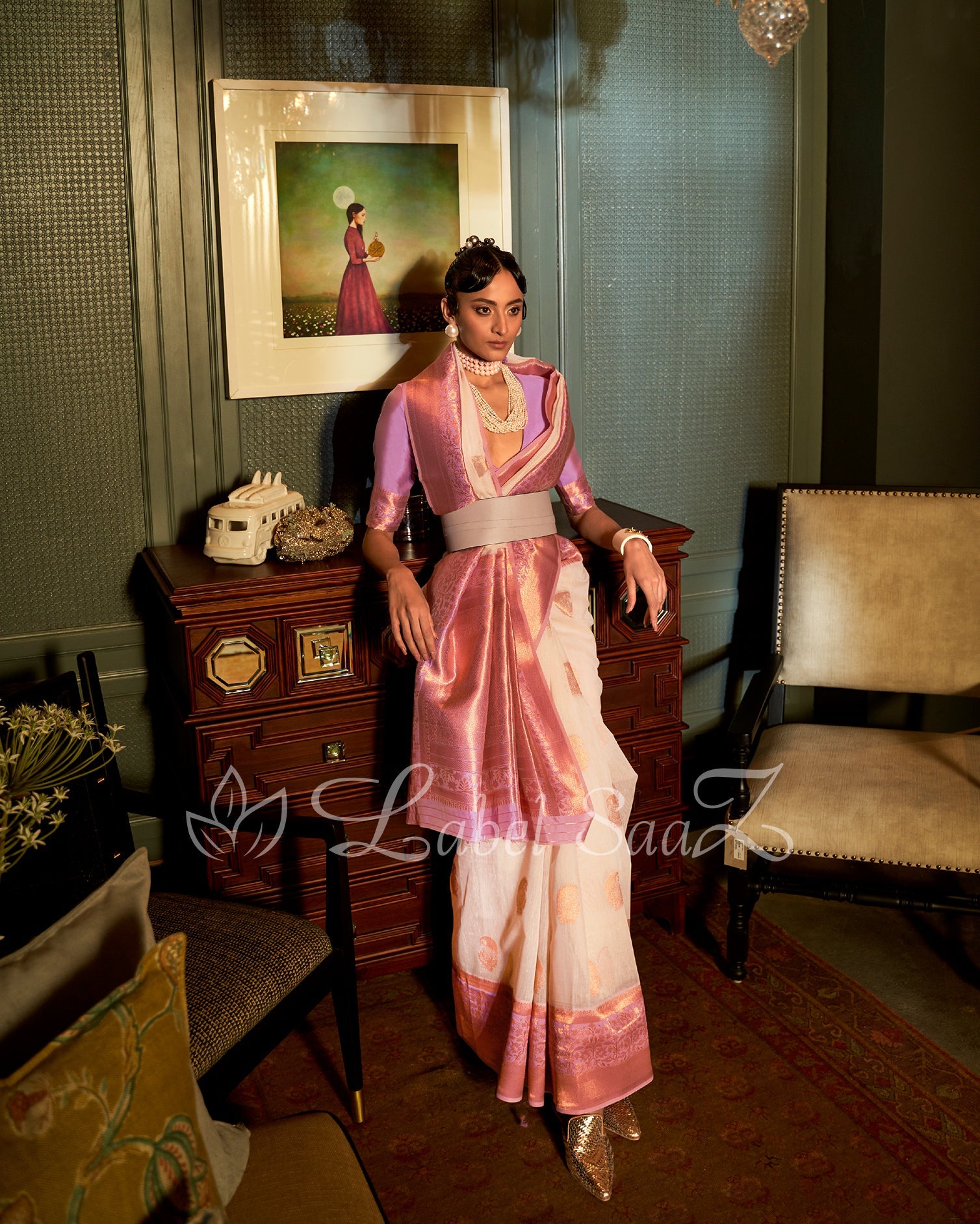 Off White Rust Linen Handloom with Copper Zari Weaving 