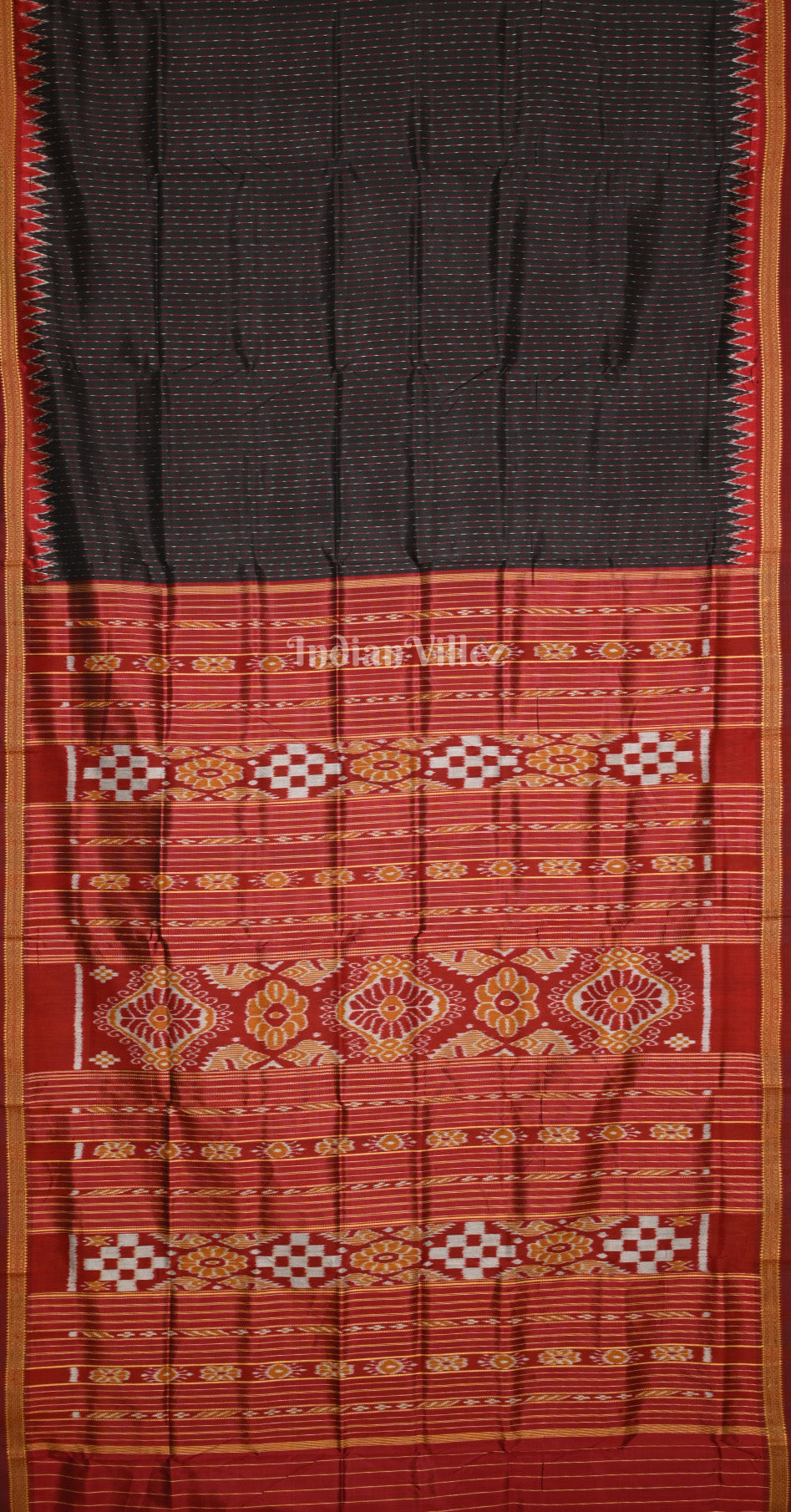 Black Maroon Body Lines Odisha Ikat Khandua Silk Saree 